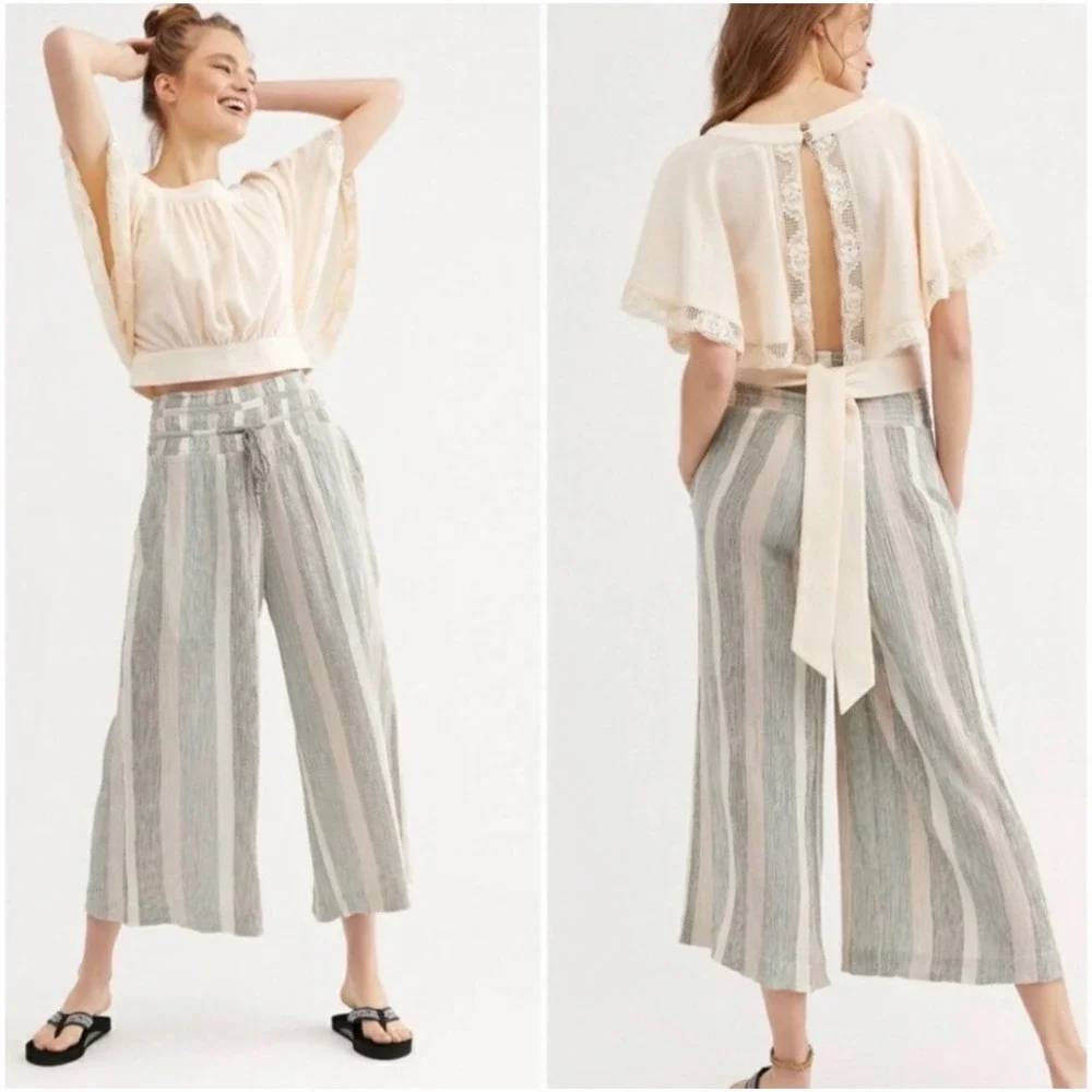 Free People Wide Leg Palazzo Pants Cotton Natural Fibers Striped Capris Beach S
